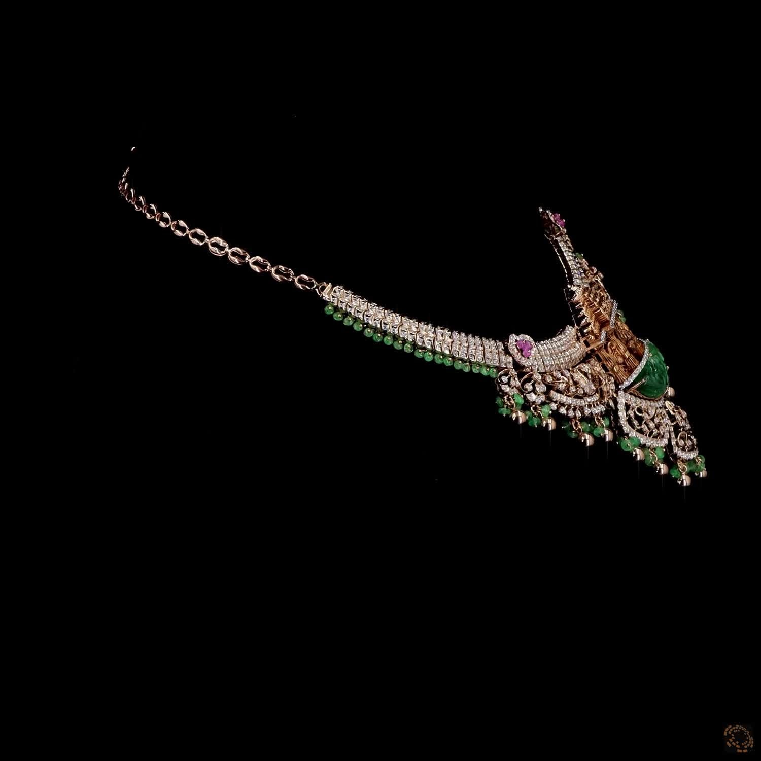 Emerald & Emerald Beads Diamond Necklace in 18KT Rose Gold