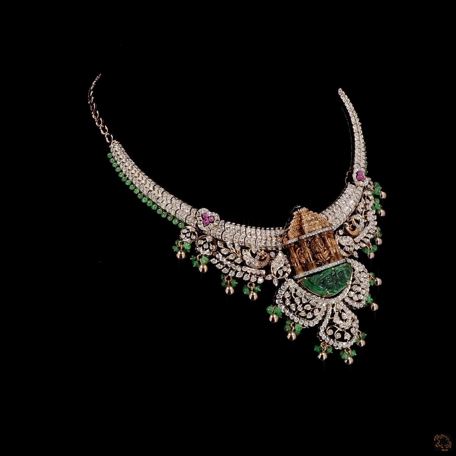 Emerald & Emerald Beads Diamond Necklace in 18KT Rose Gold