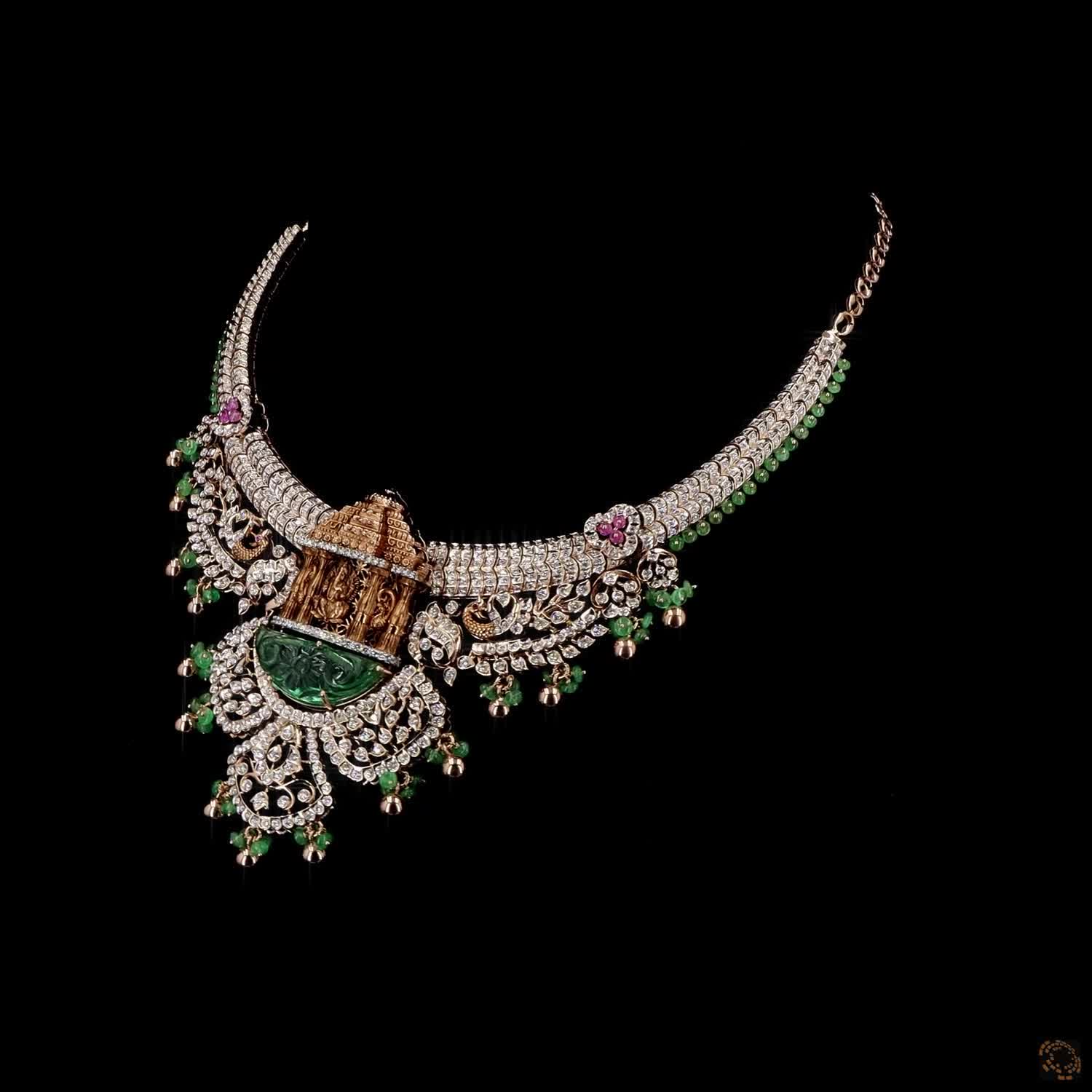 Emerald & Emerald Beads Diamond Necklace in 18KT Rose Gold