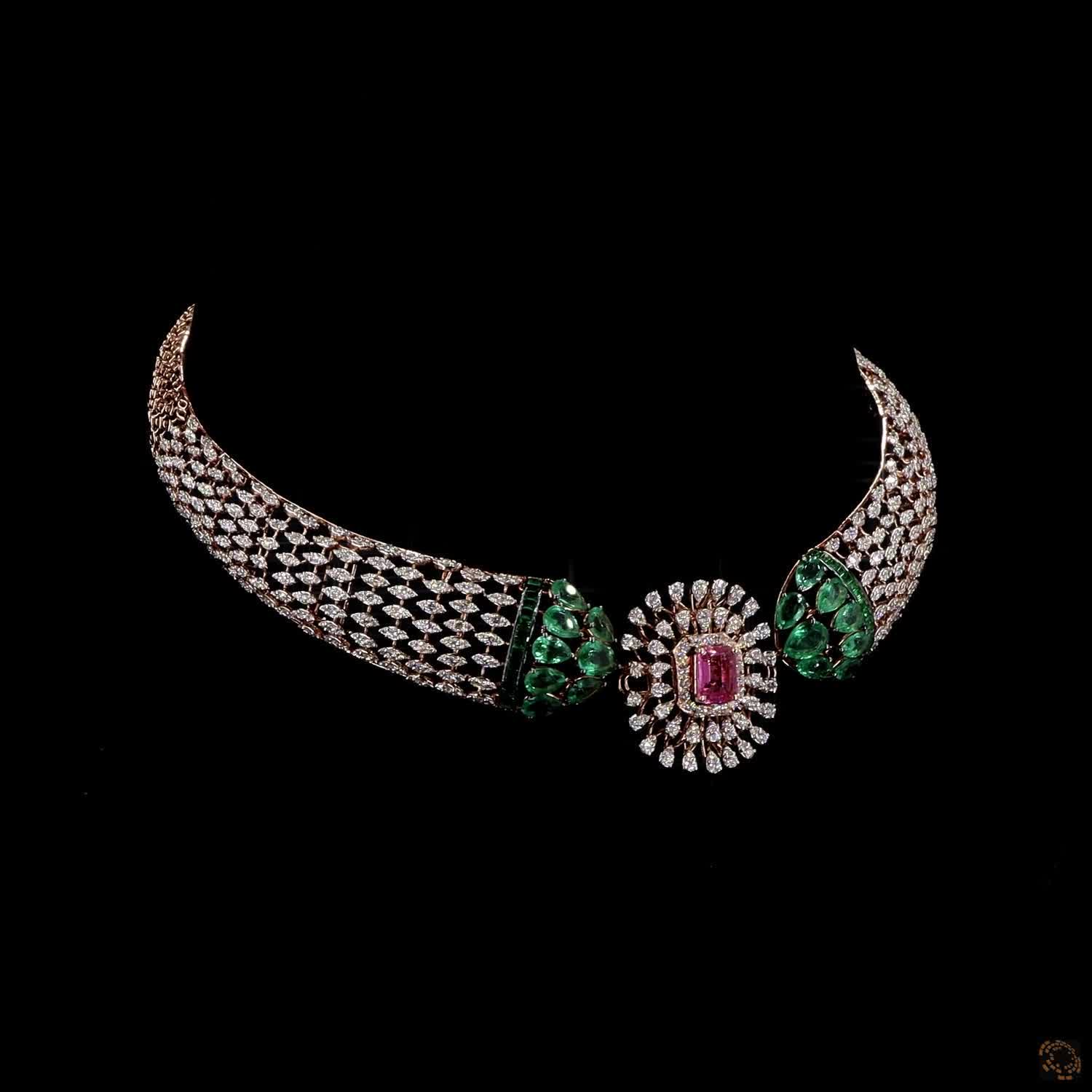Emerald & Pink Diamond Necklace in 18KT Rose Gold