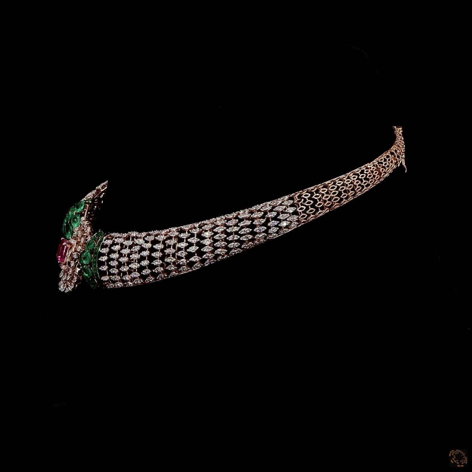 Emerald & Pink Stone Diamond Necklace in 18KT Rose Gold