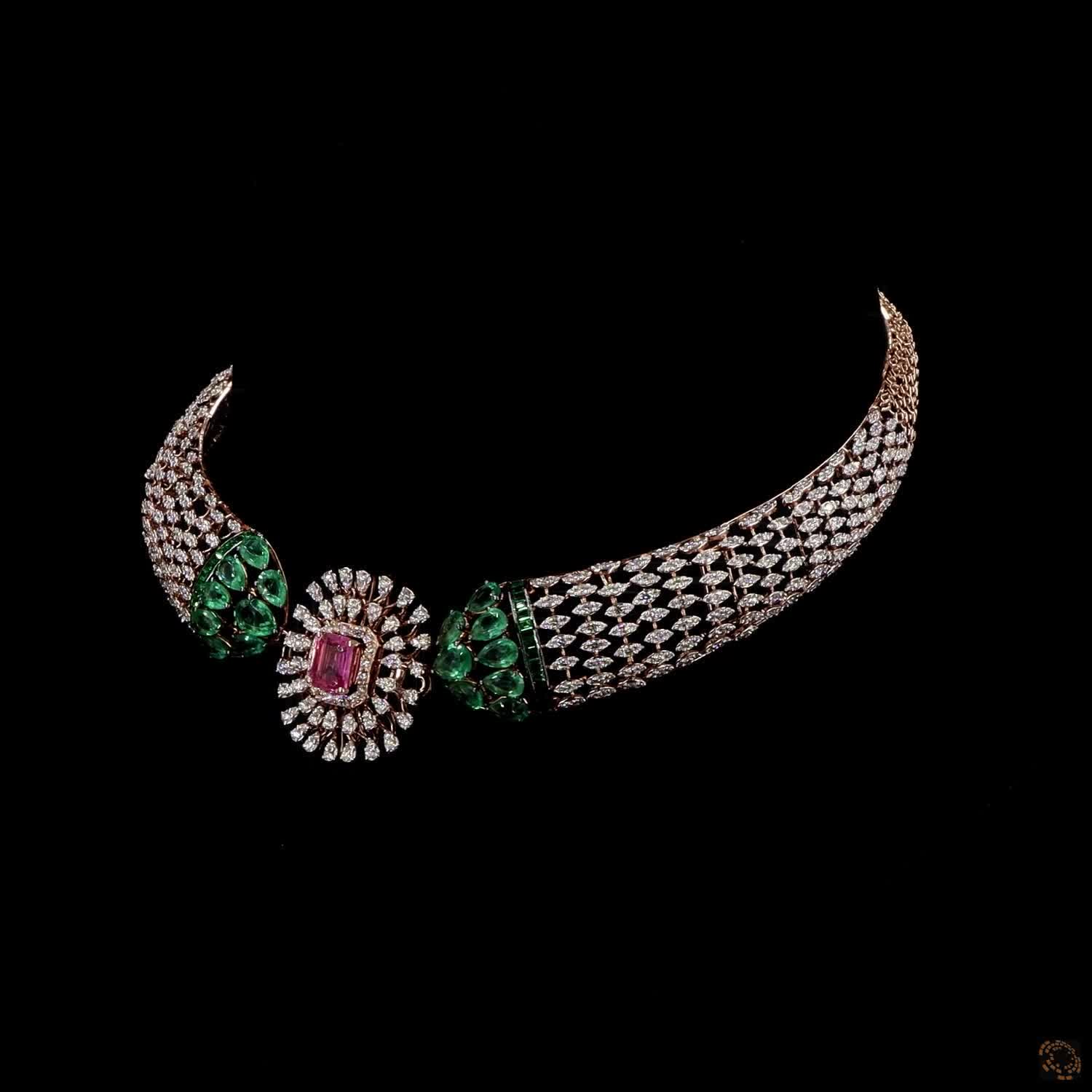 Emerald & Pink Diamond Necklace in 18KT Rose Gold