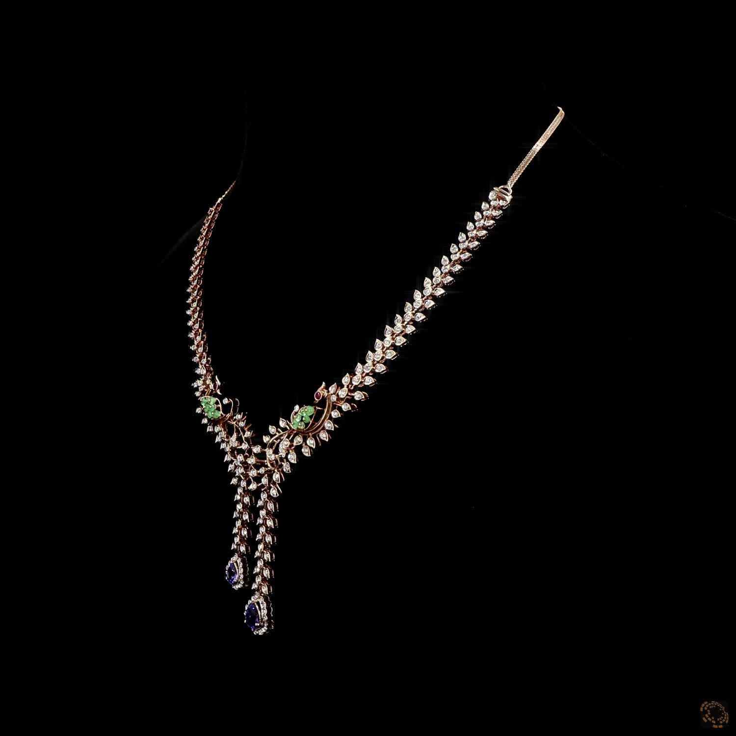Ruby & Emerald Beads Diamond Necklace in 18KT Rose Gold