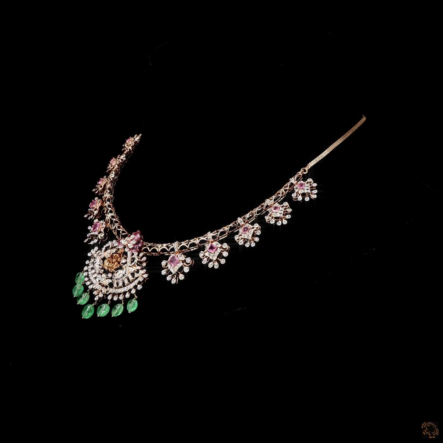 Emerald Beads & Ruby Diamond Necklace in 18KT Yellow Gold