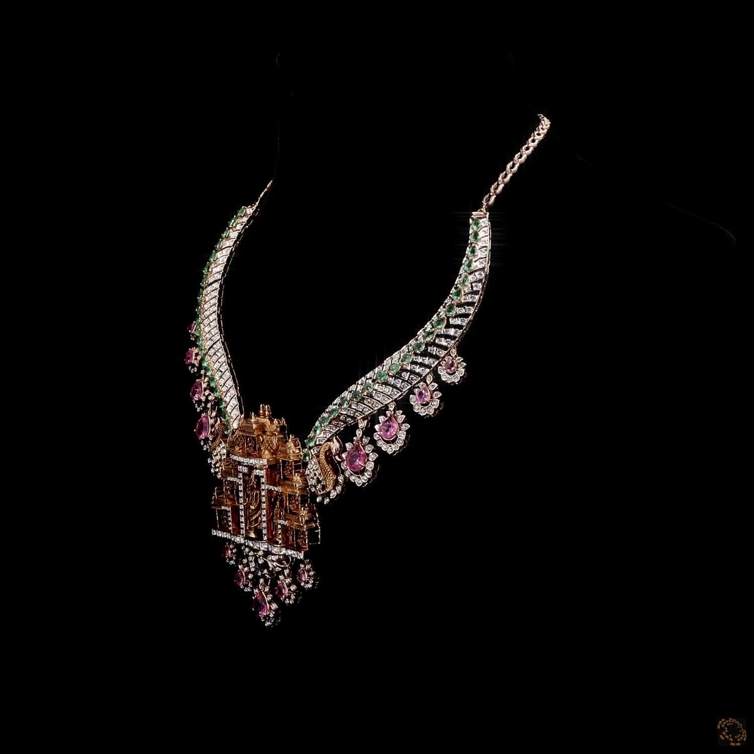 Emerald Beads & Ruby Diamond Necklace in 18KT Rose Gold
