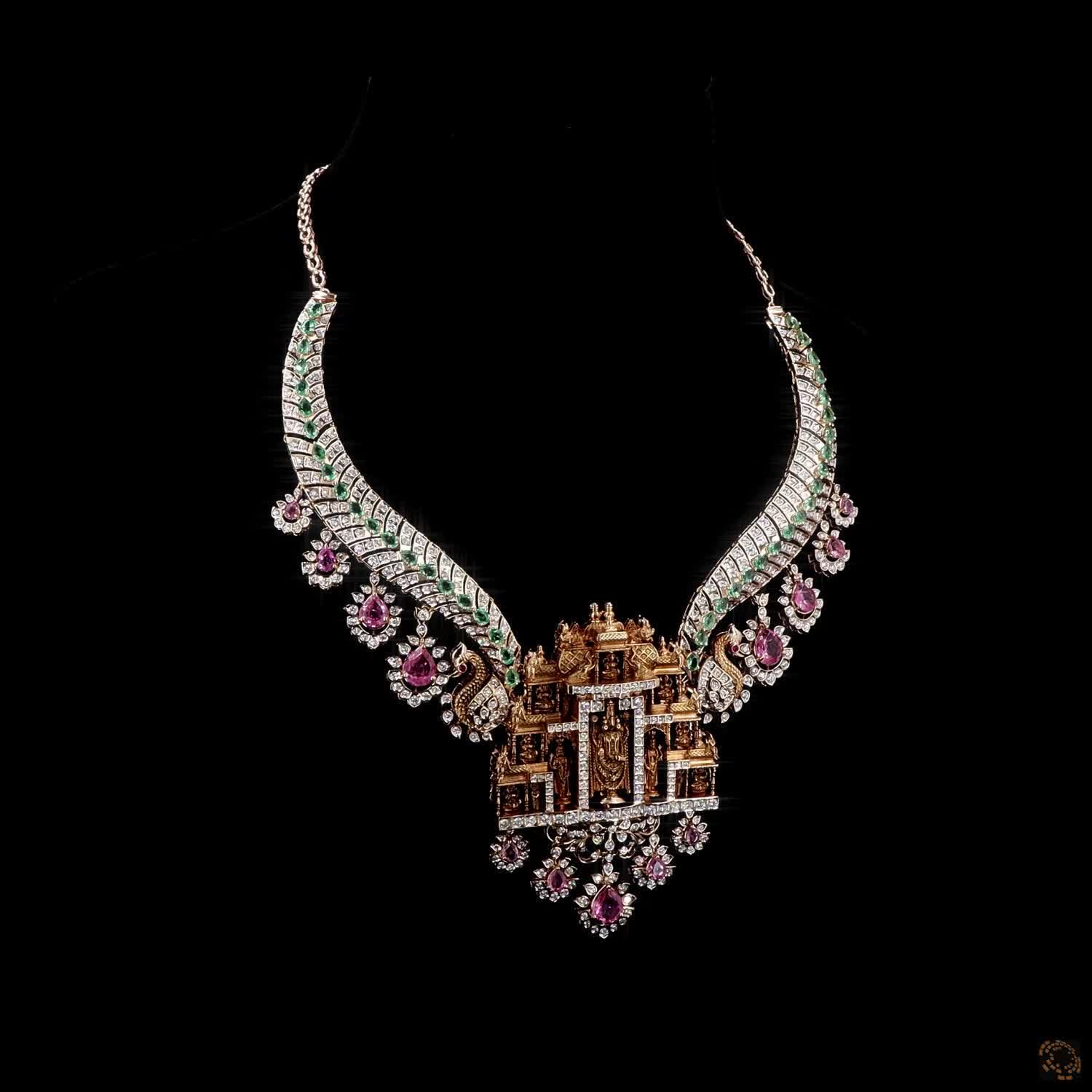 Emerald Beads & Ruby Diamond Necklace in 18KT Rose Gold