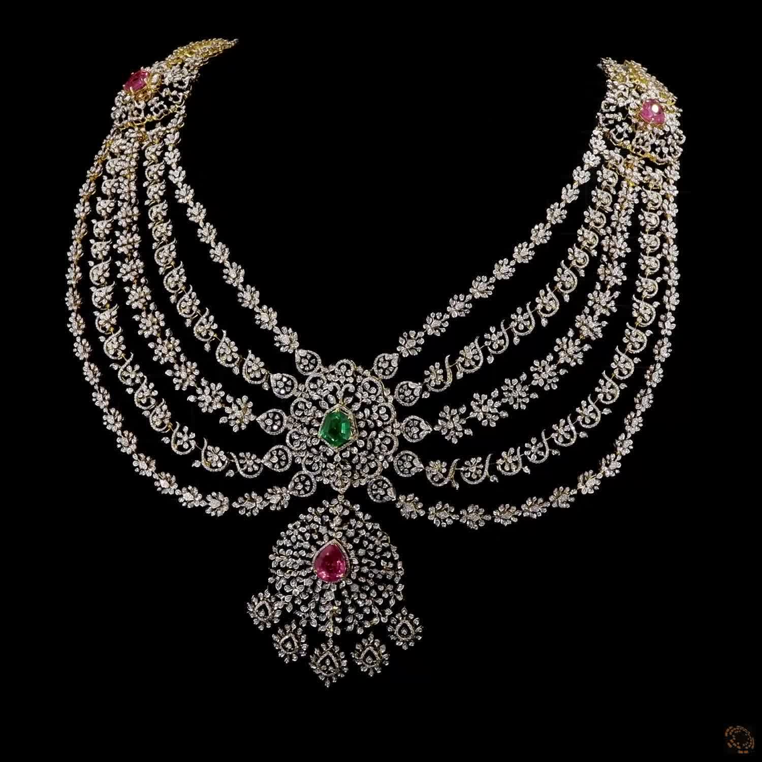 Emerald & PINK STONE Diamond Necklace in 18KT Yellow Gold