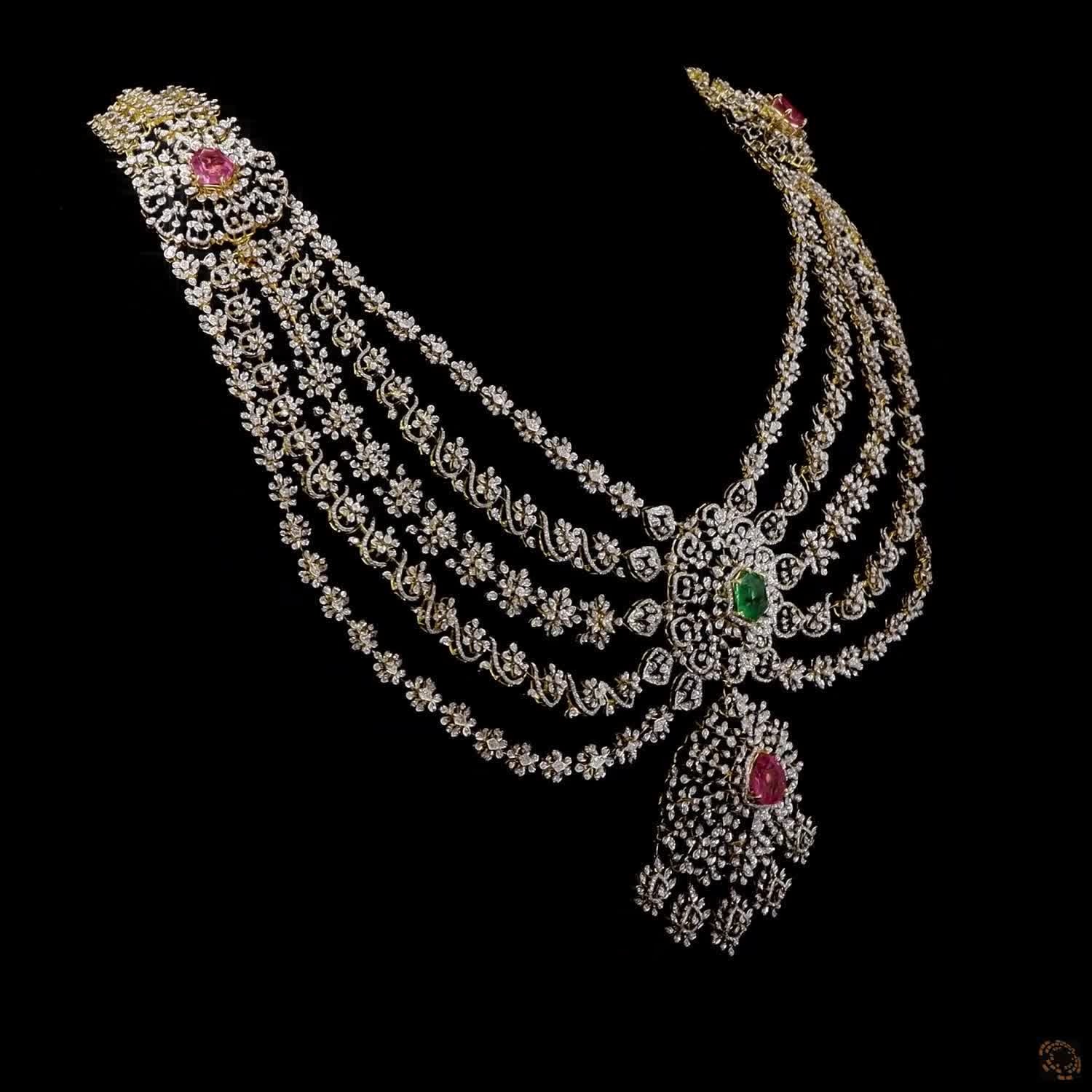 Emerald & PINK STONE Diamond Necklace in 18KT Yellow Gold