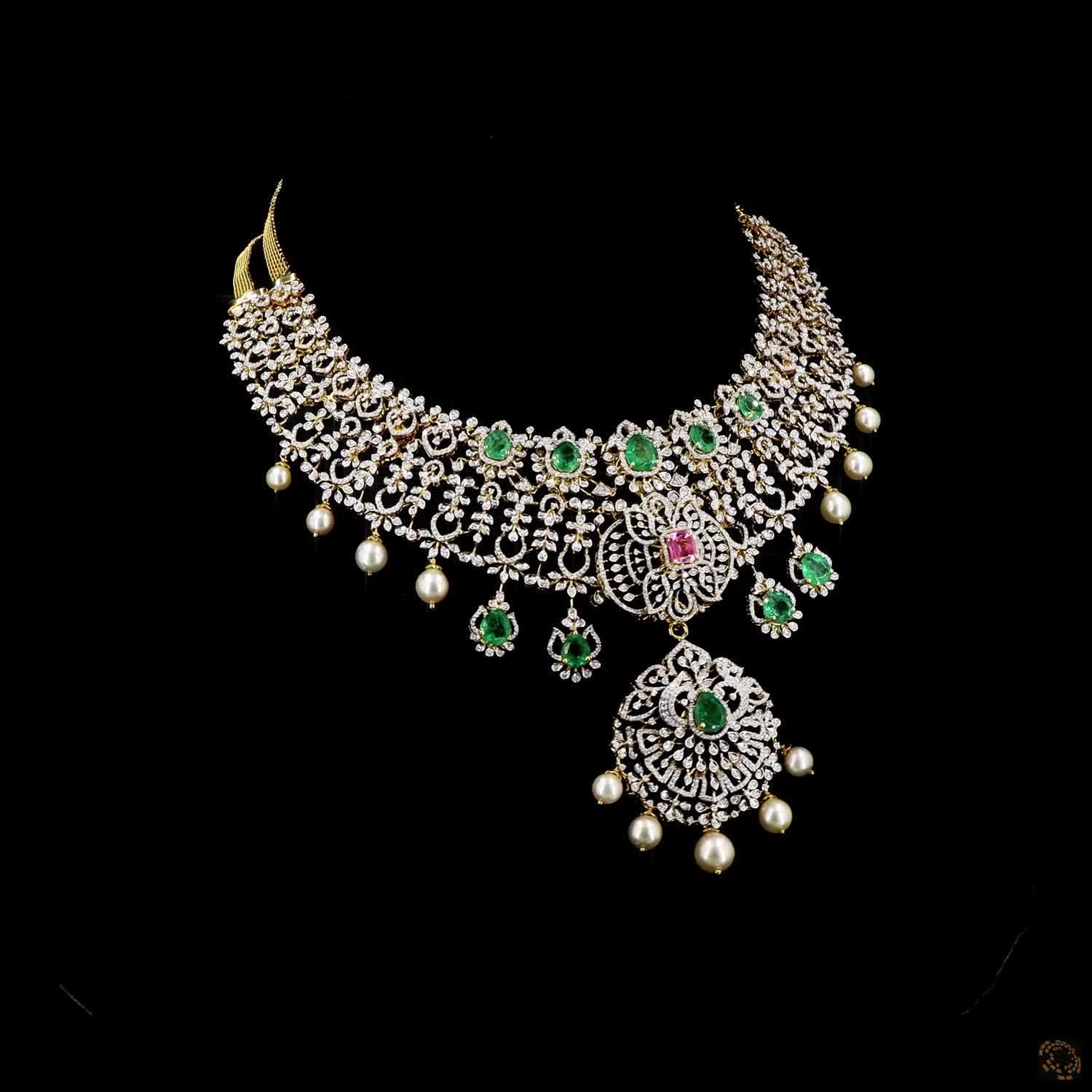 Emerald & Ruby Diamond Necklace in 18KT Yellow Gold