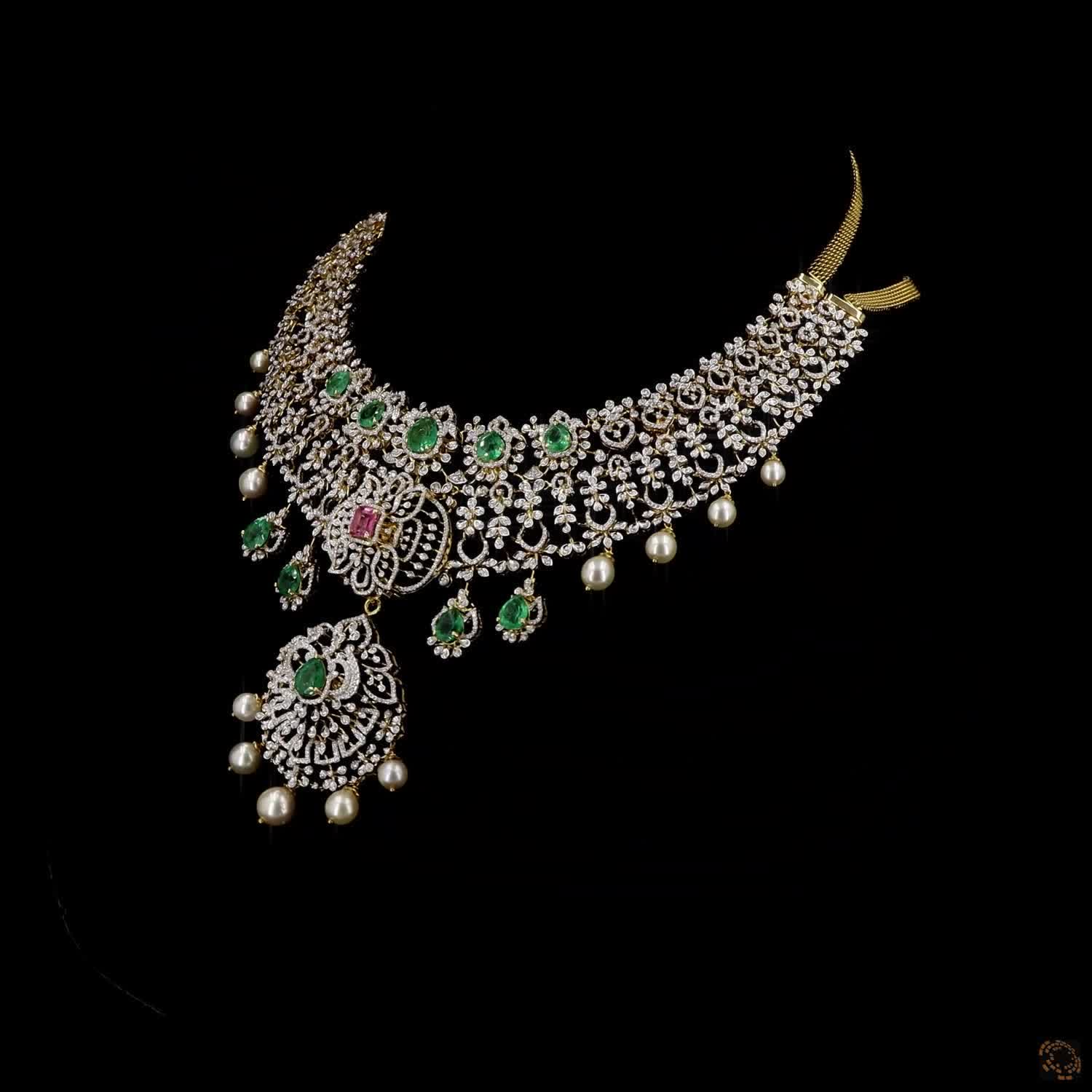 Emerald & Ruby Diamond Necklace in 18KT Yellow Gold