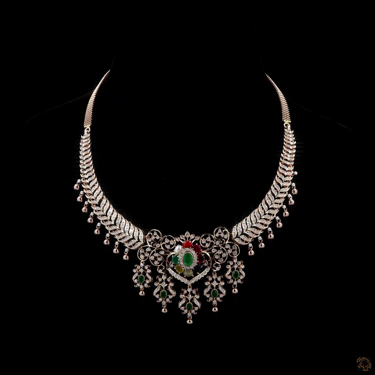 Navratna Stone & Emerald Diamond Necklace in 18KT Yellow Gold