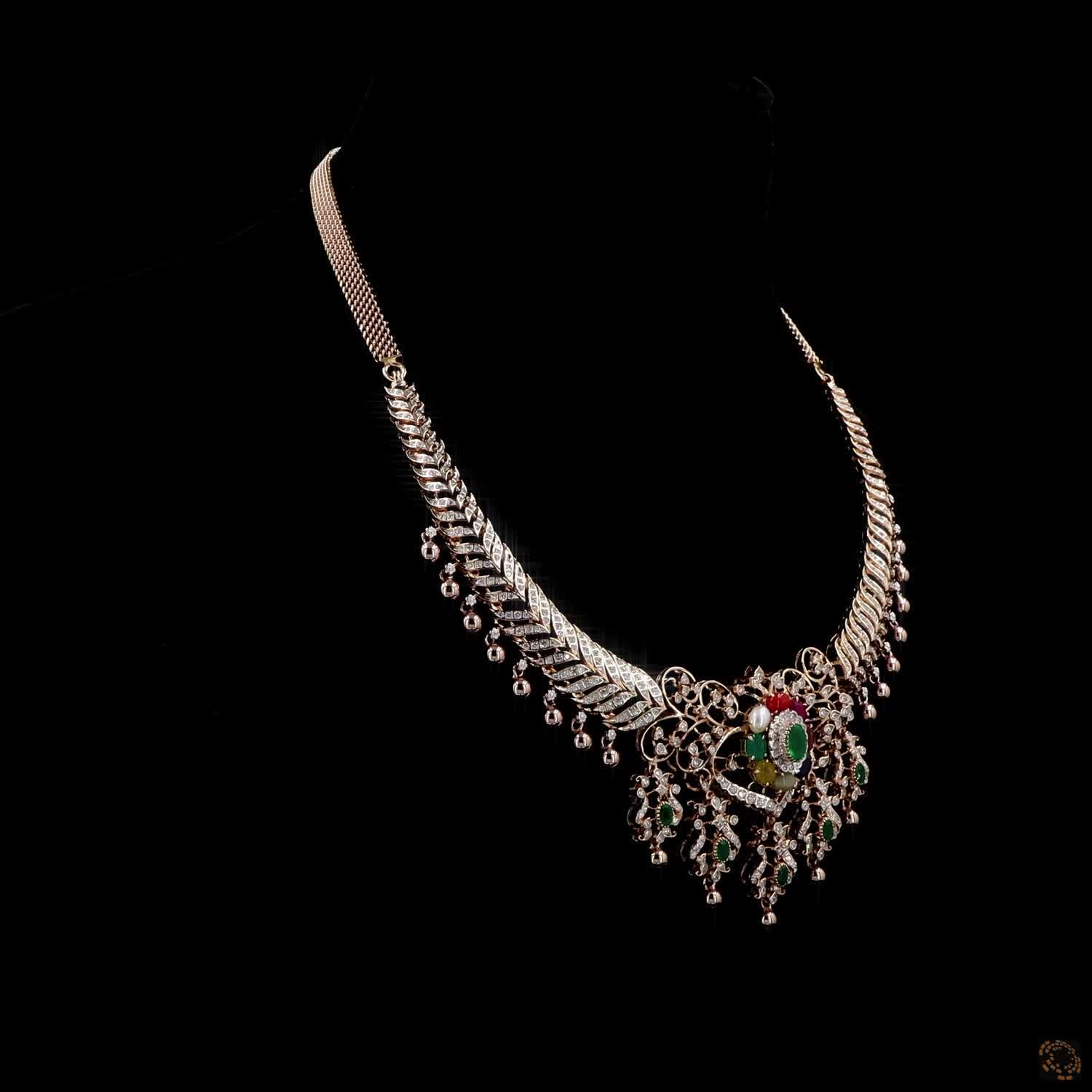 Navratna Stone & Emerald Diamond Necklace in 18KT Yellow Gold