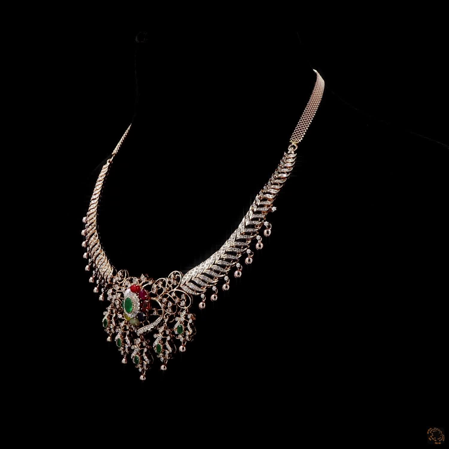 Navratna Stone & Emerald Diamond Necklace in 18KT Yellow Gold