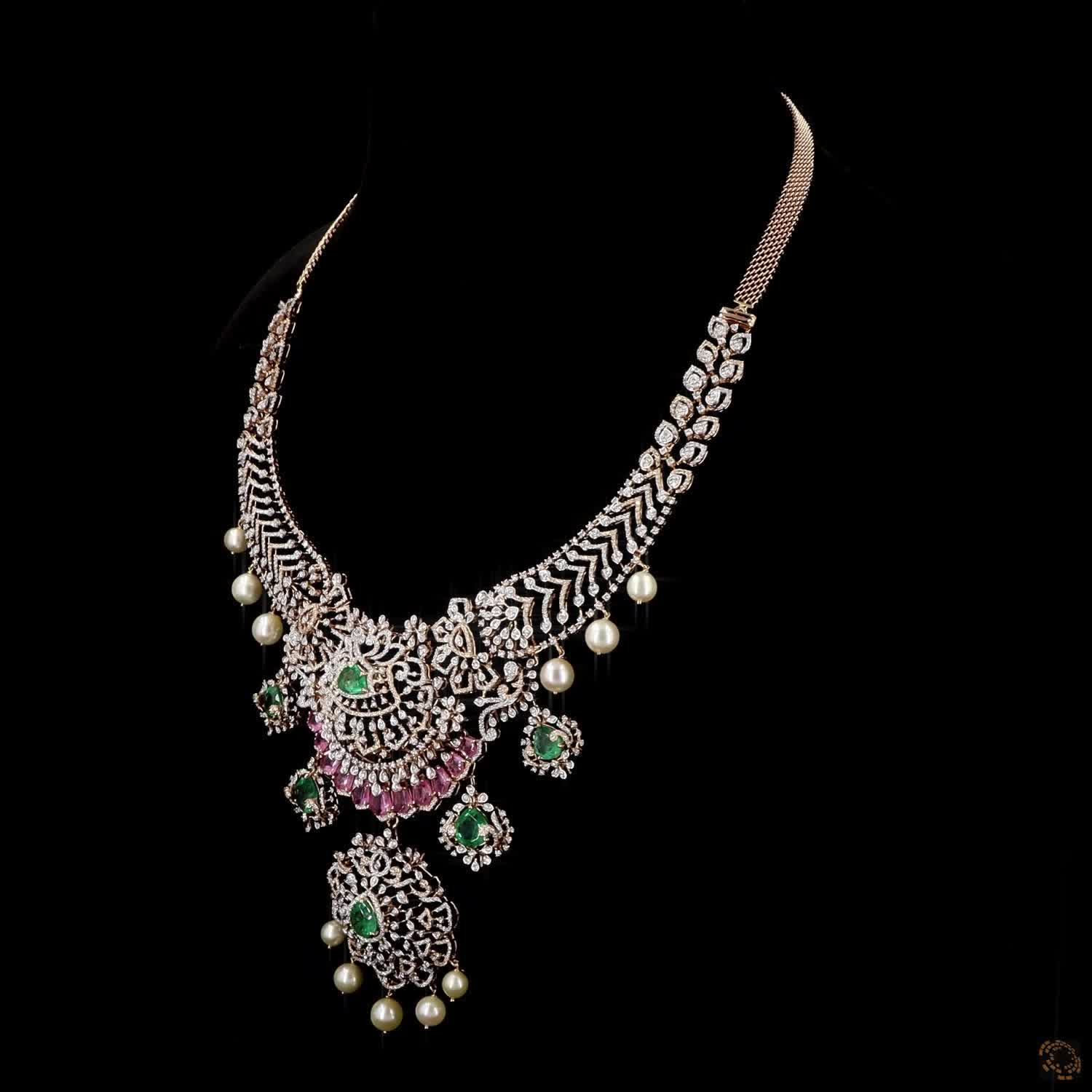 Emerald & Ruby Diamond Necklace in 18KT Yellow Gold