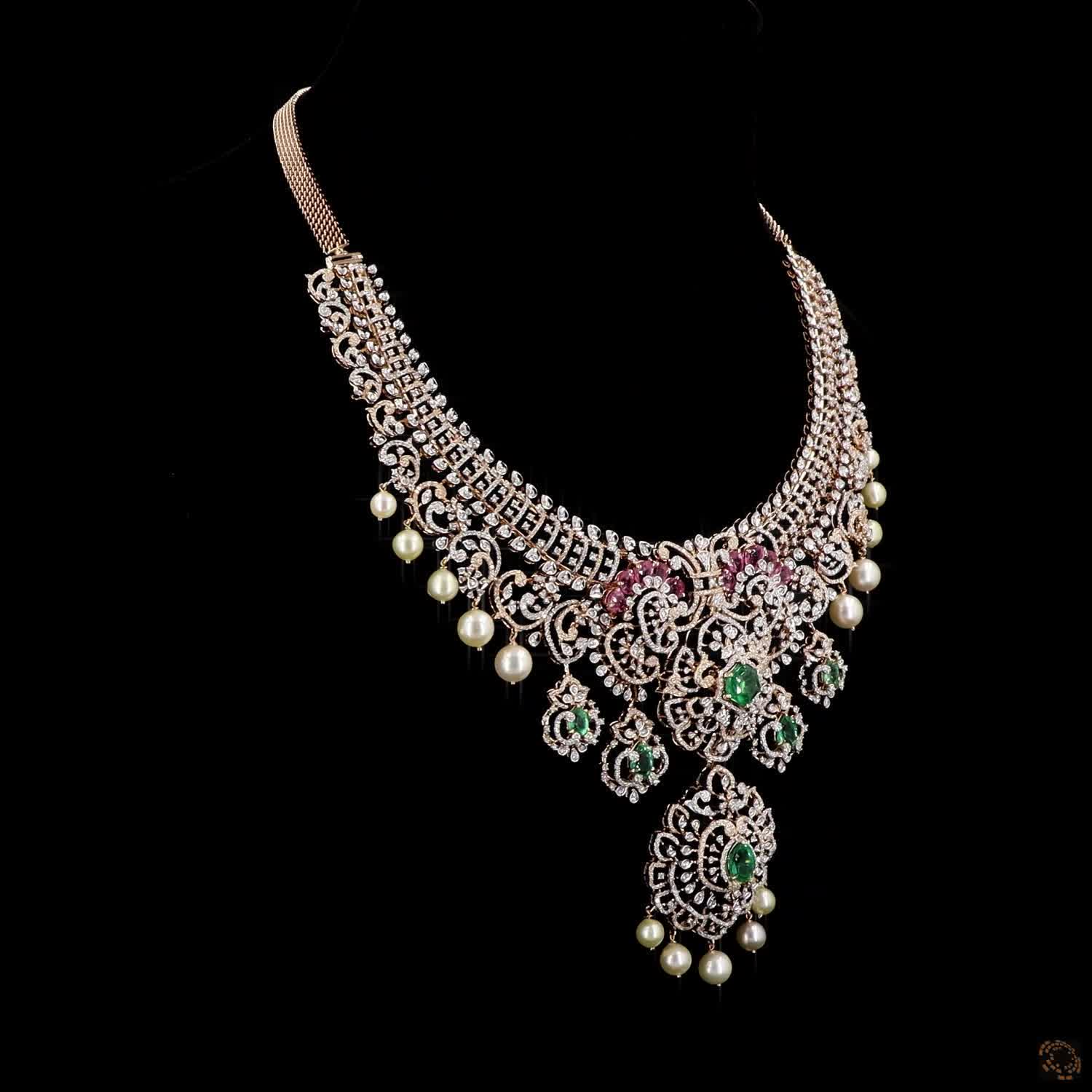 Emerald & Ruby Diamond Necklace in 18KT Yellow Gold