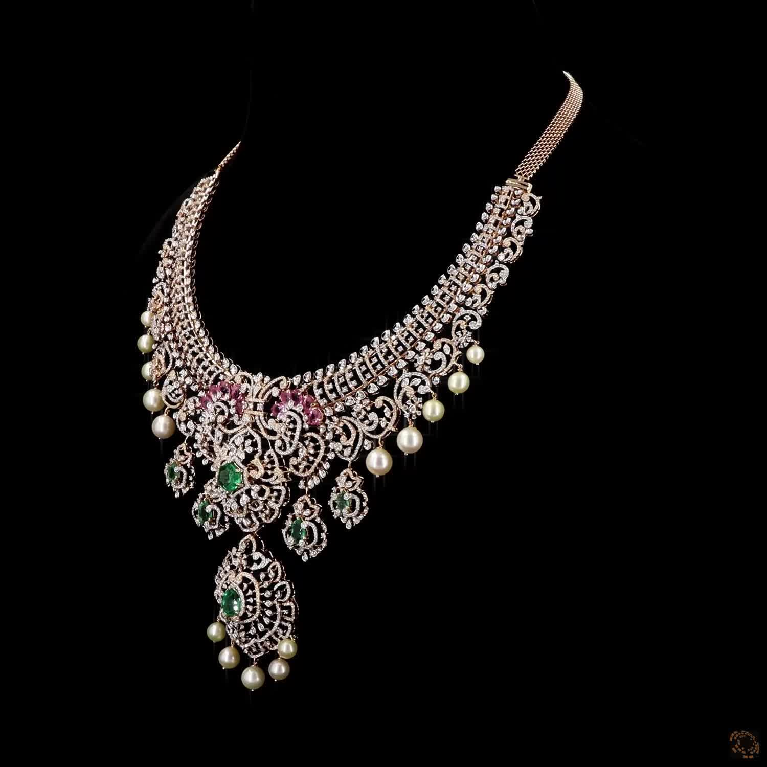 Emerald & Ruby Diamond Necklace in 18KT Yellow Gold