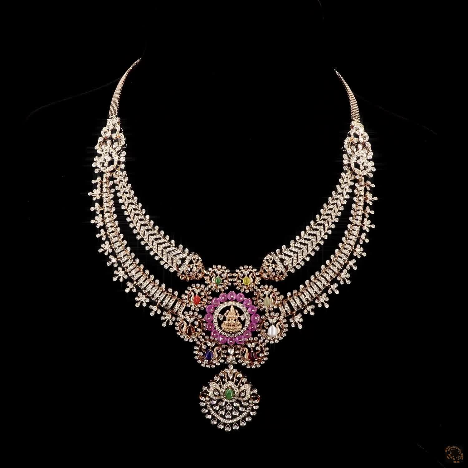 Navratna Stone & Ruby Diamond Necklace in 18KT Yellow Gold