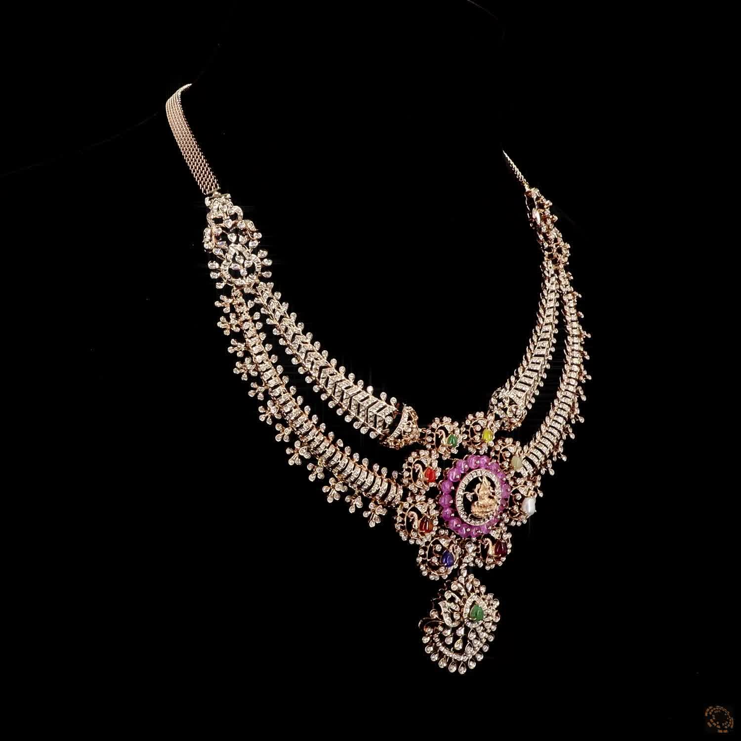Navratna Stone & Ruby Diamond Necklace in 18KT Yellow Gold