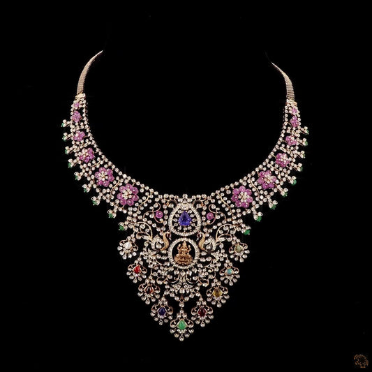 Emerald & Ruby Diamond Necklace in 18KT Yellow Gold