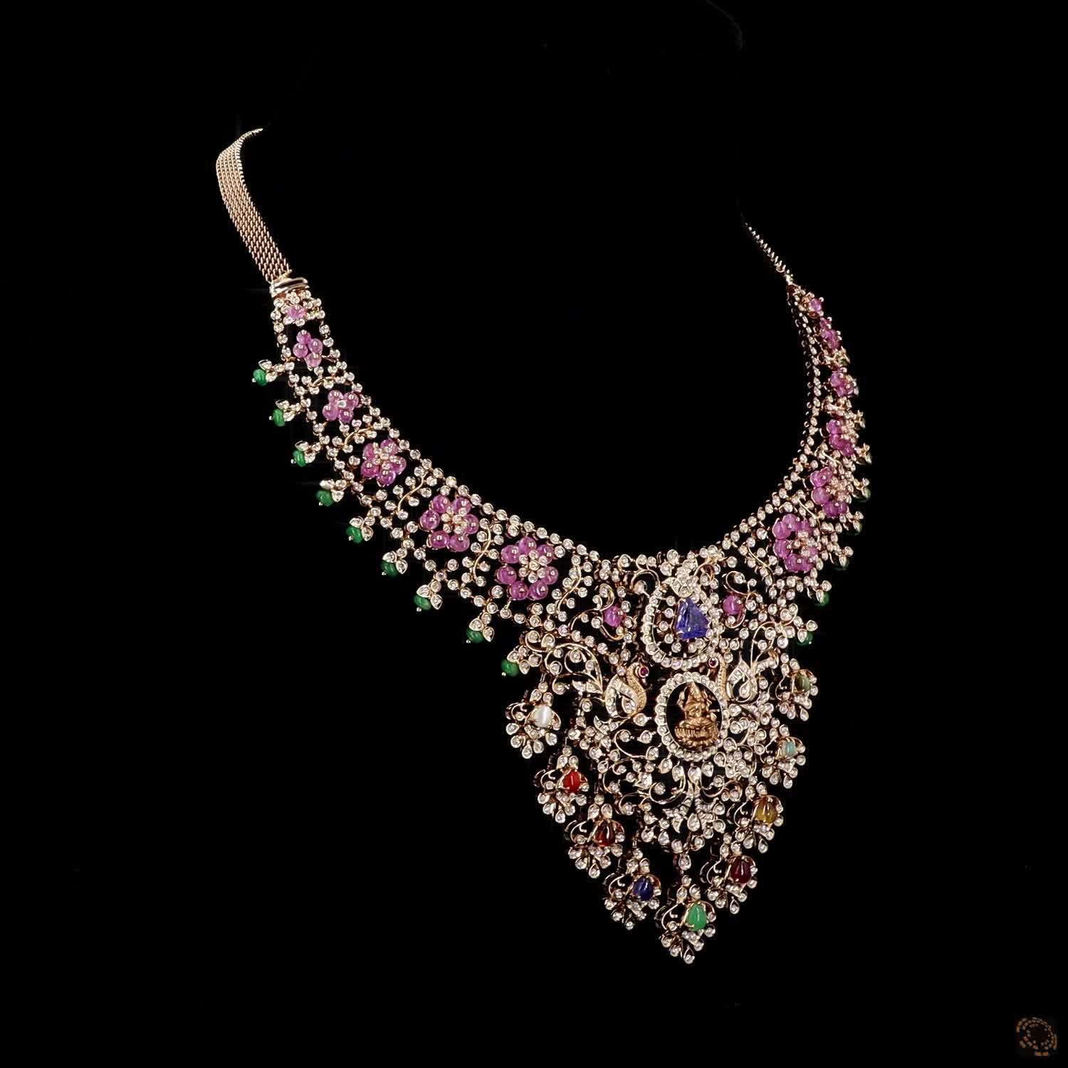 Emerald & Ruby Diamond Necklace in 18KT Yellow Gold