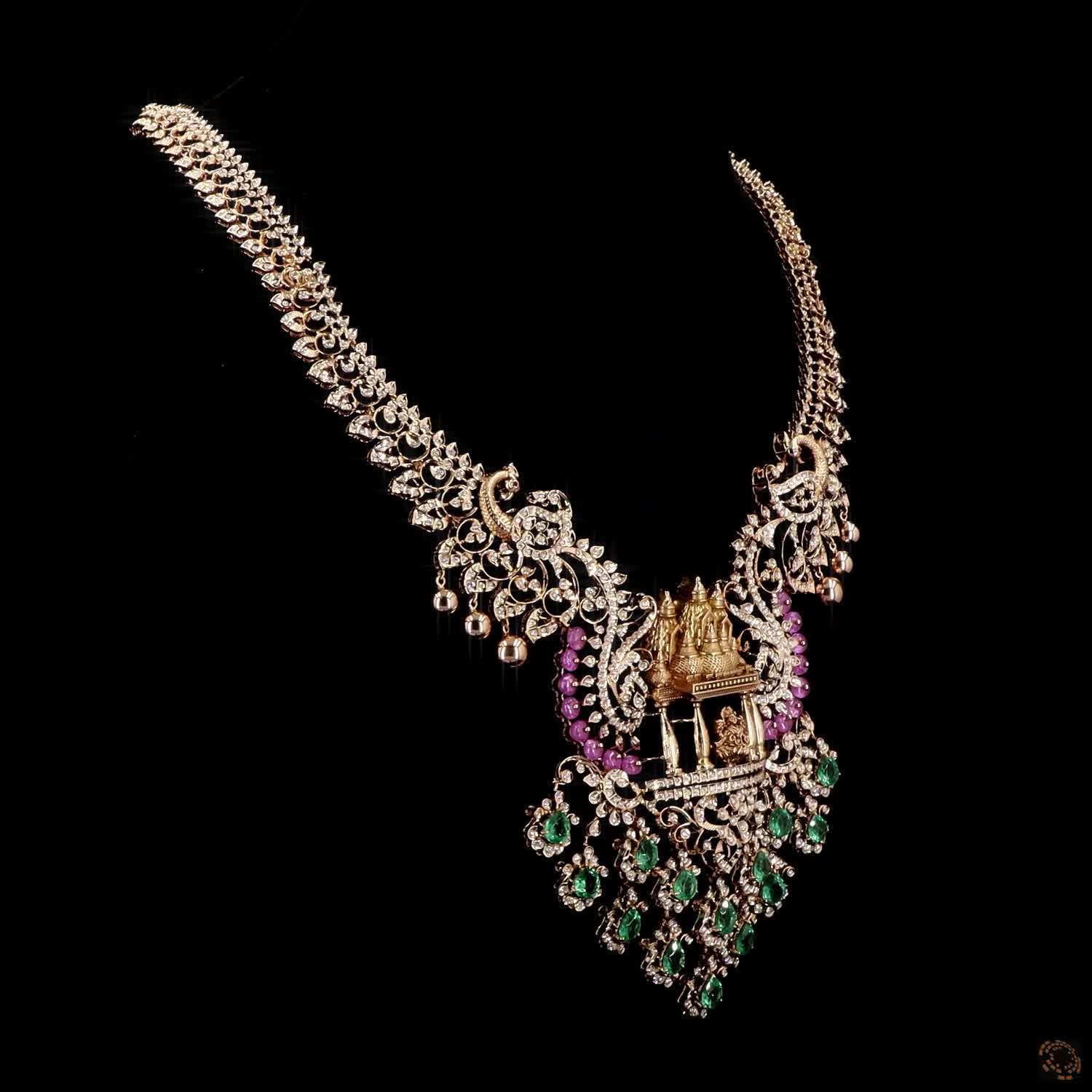 Emerald & Ruby Diamond Necklace in 18KT Yellow Gold