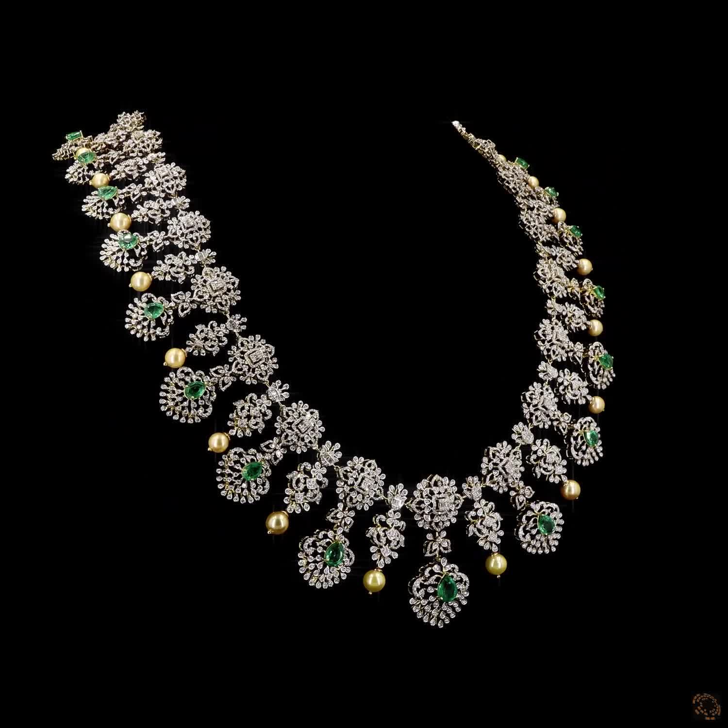 Emerald & Pearl Diamond Necklace in 14KT Yellow Gold