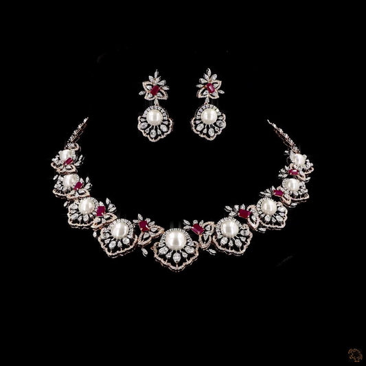 Ruby & Pearl Diamond Necklace Set in 18KT Rose Gold
