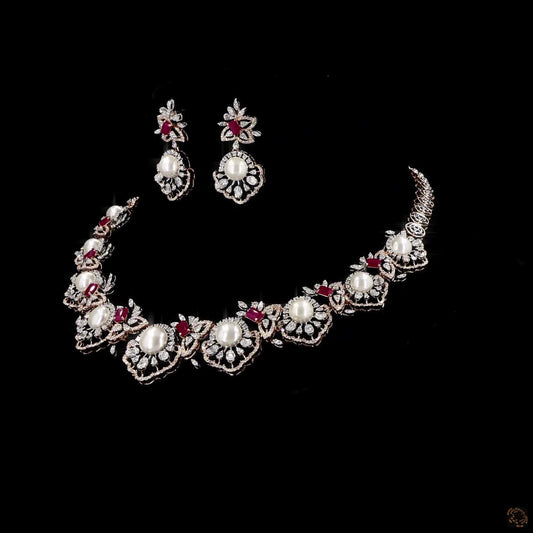 Ruby & Pearl Diamond Necklace Set in 18KT Rose Gold