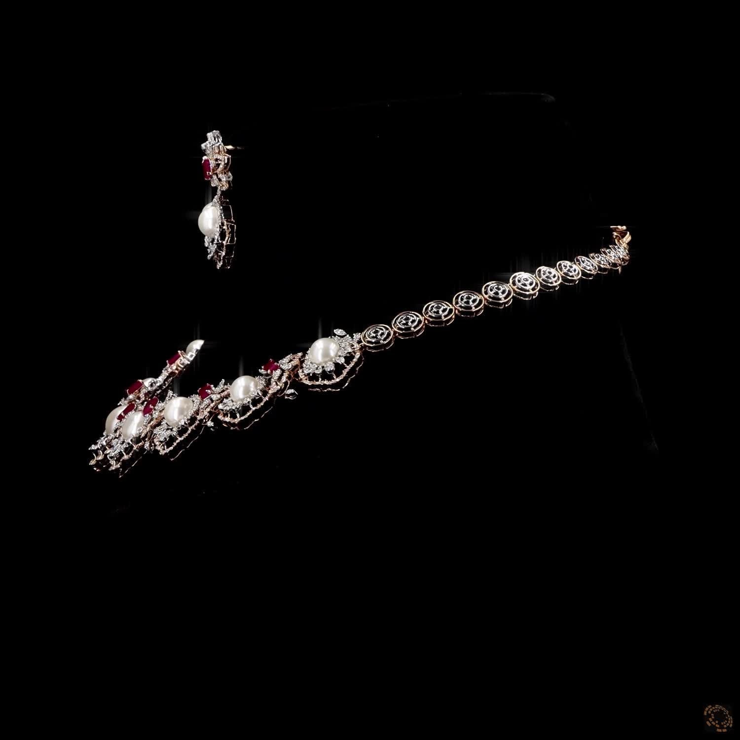 Ruby & Pearl Diamond Necklace Set in 18KT Rose Gold