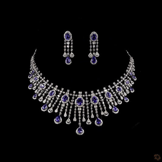 Sapphire & Sapphire Diamond Necklace Set in 18KT White Gold