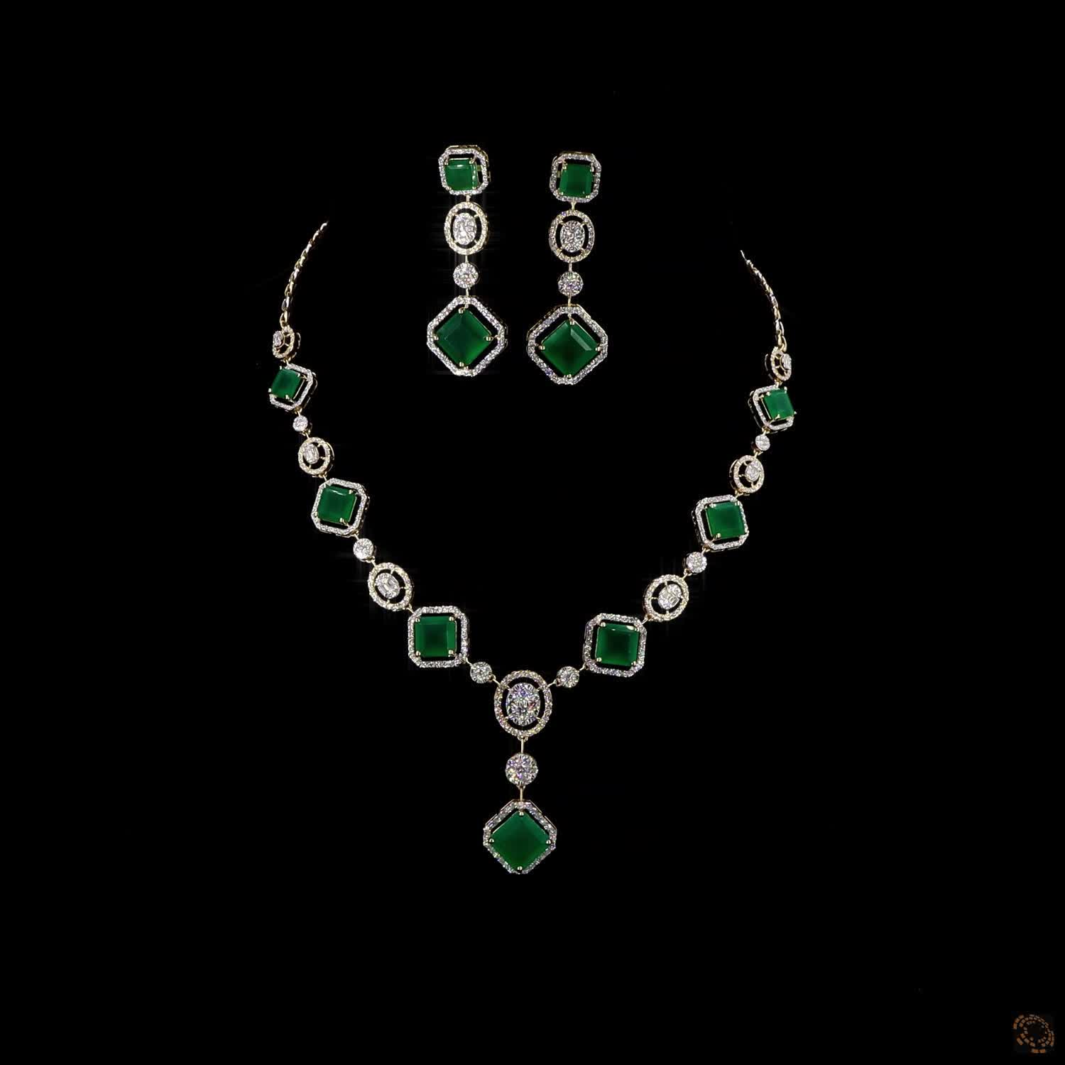 Emerald & Emerald Diamond Necklace Set in 18KT Yellow Gold