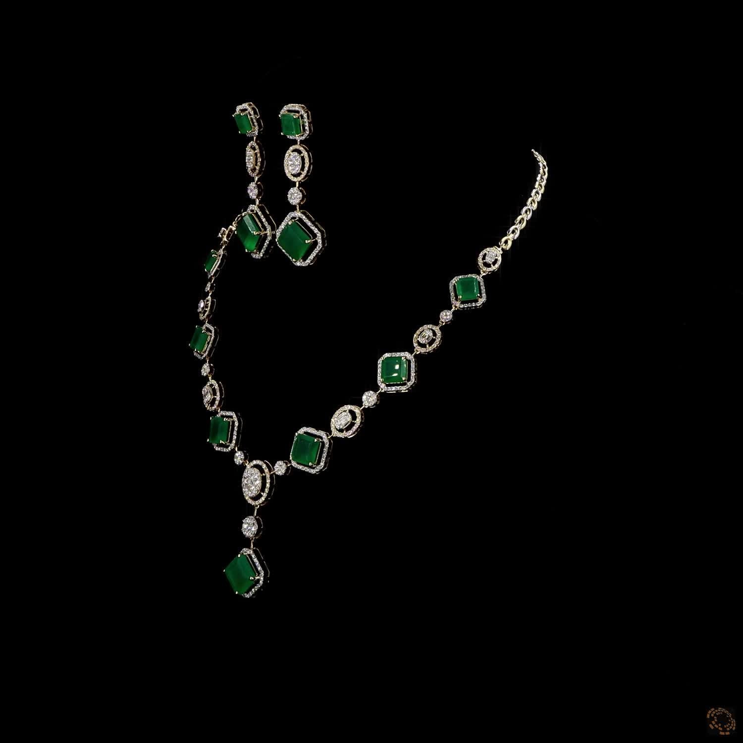 Emerald & Emerald Diamond Necklace Set in 18KT Yellow Gold