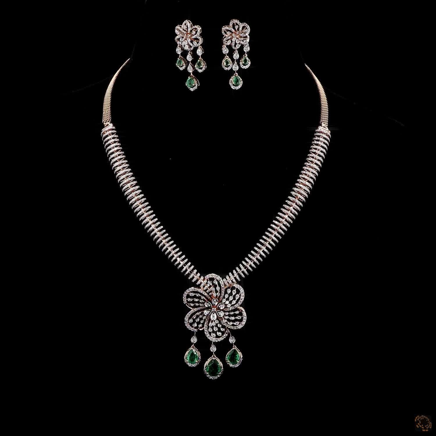 Emerald & Emerald Diamond Necklace Set in 18KT Yellow Gold