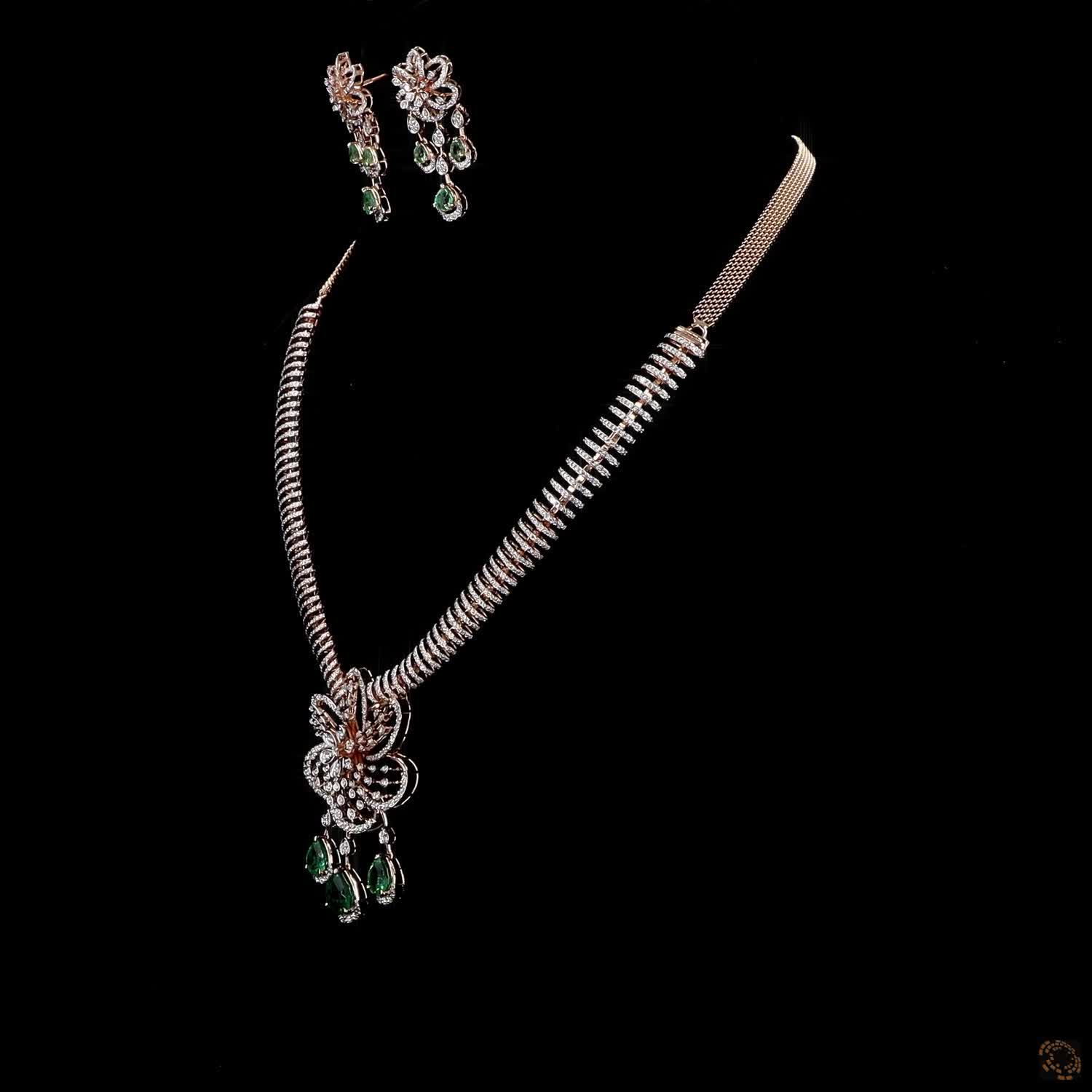 Emerald & Emerald Diamond Necklace Set in 18KT Yellow Gold
