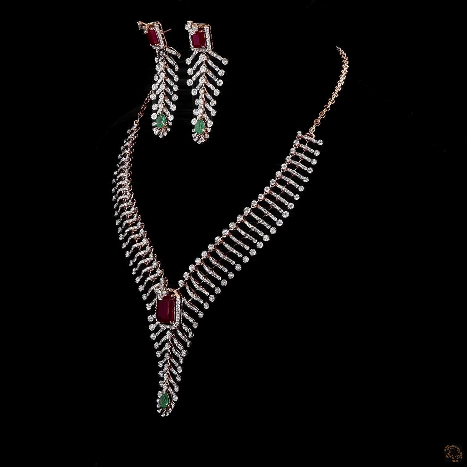 Emerald & Ruby Diamond Necklace Set in 18KT Rose Gold
