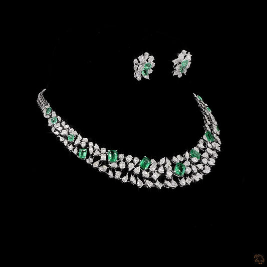 Emerald & Emerald Diamond Necklace Set in 18KT White Gold