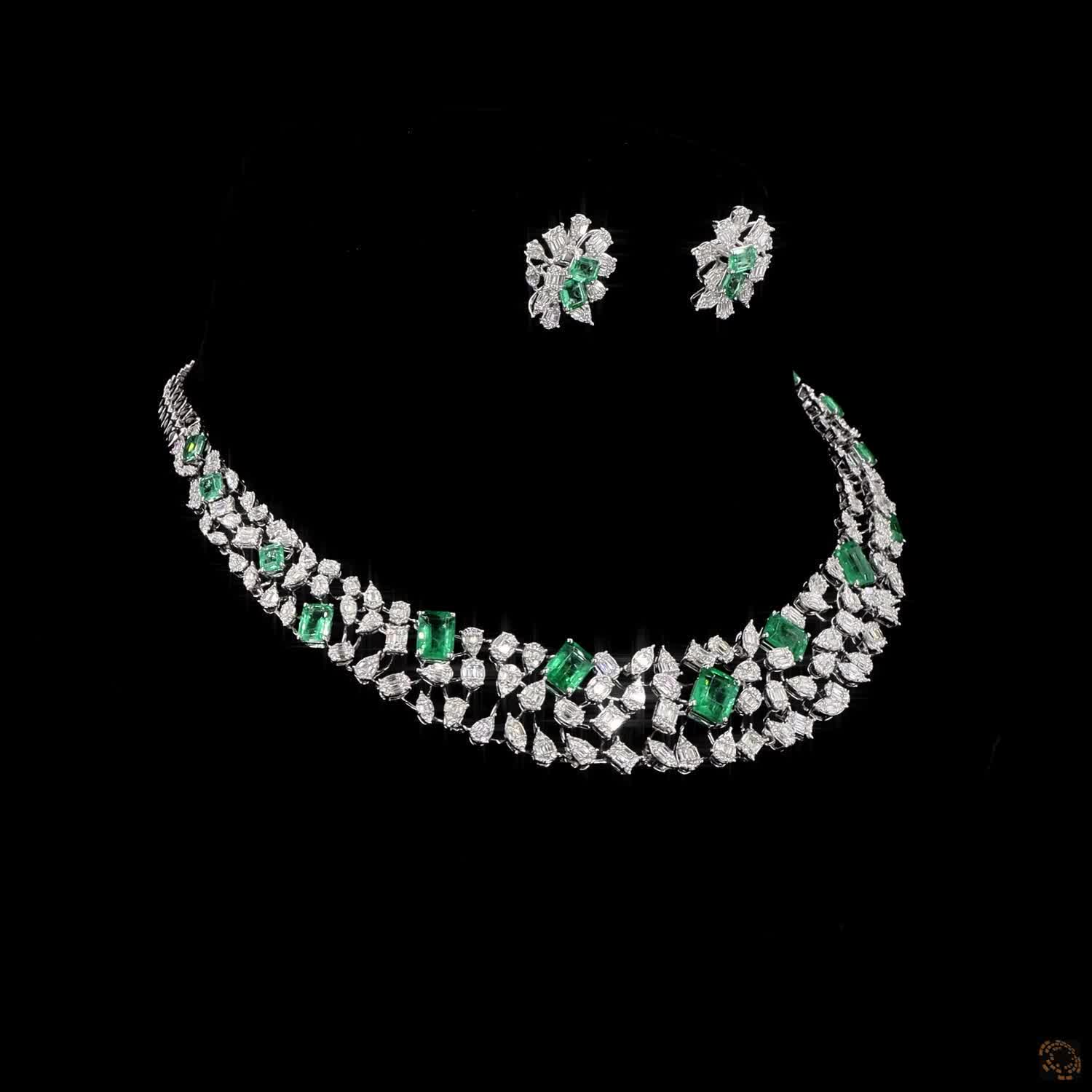 Emerald & Emerald Diamond Necklace Set in 18KT White Gold
