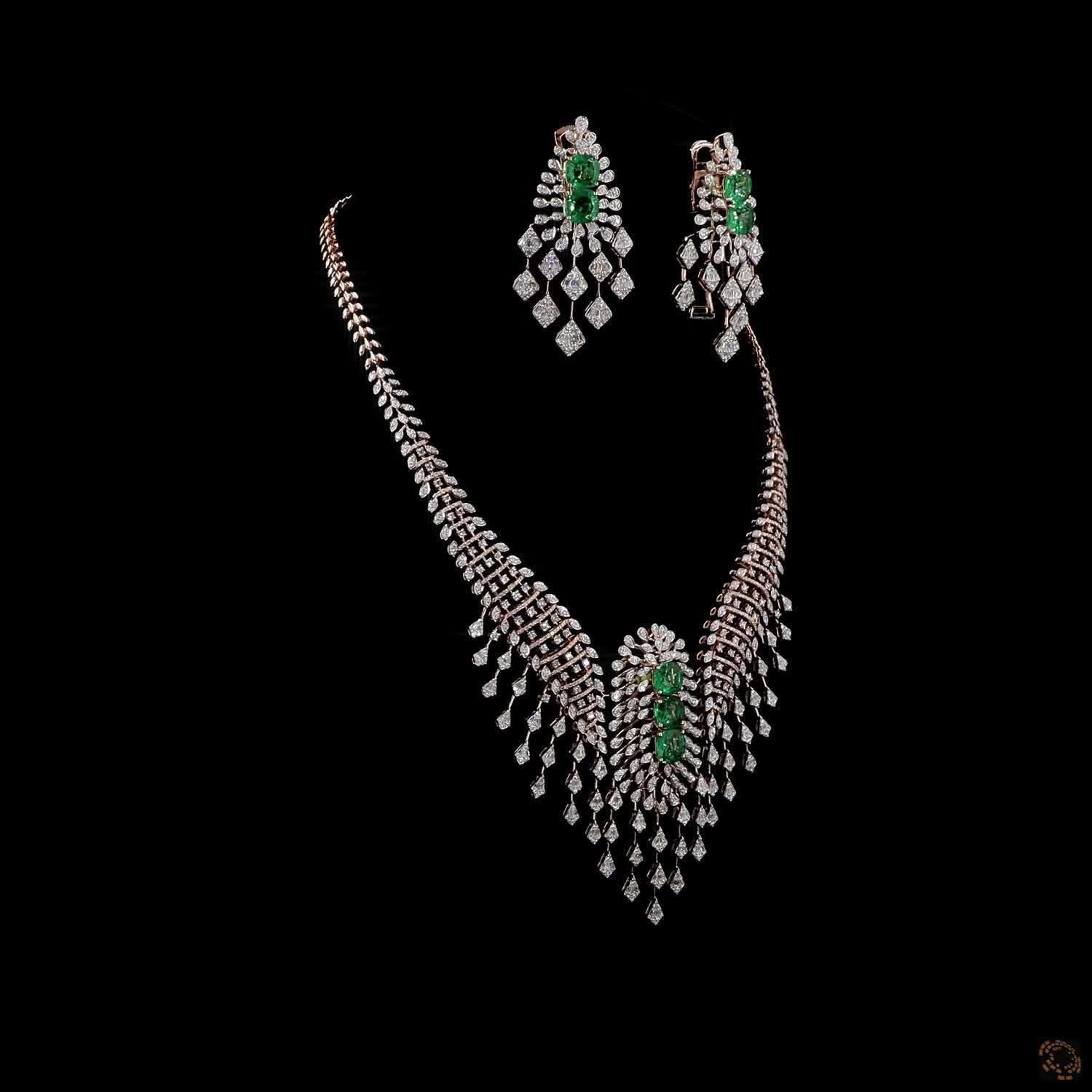 Emerald & Emerald Diamond Necklace Set in 18KT Rose Gold