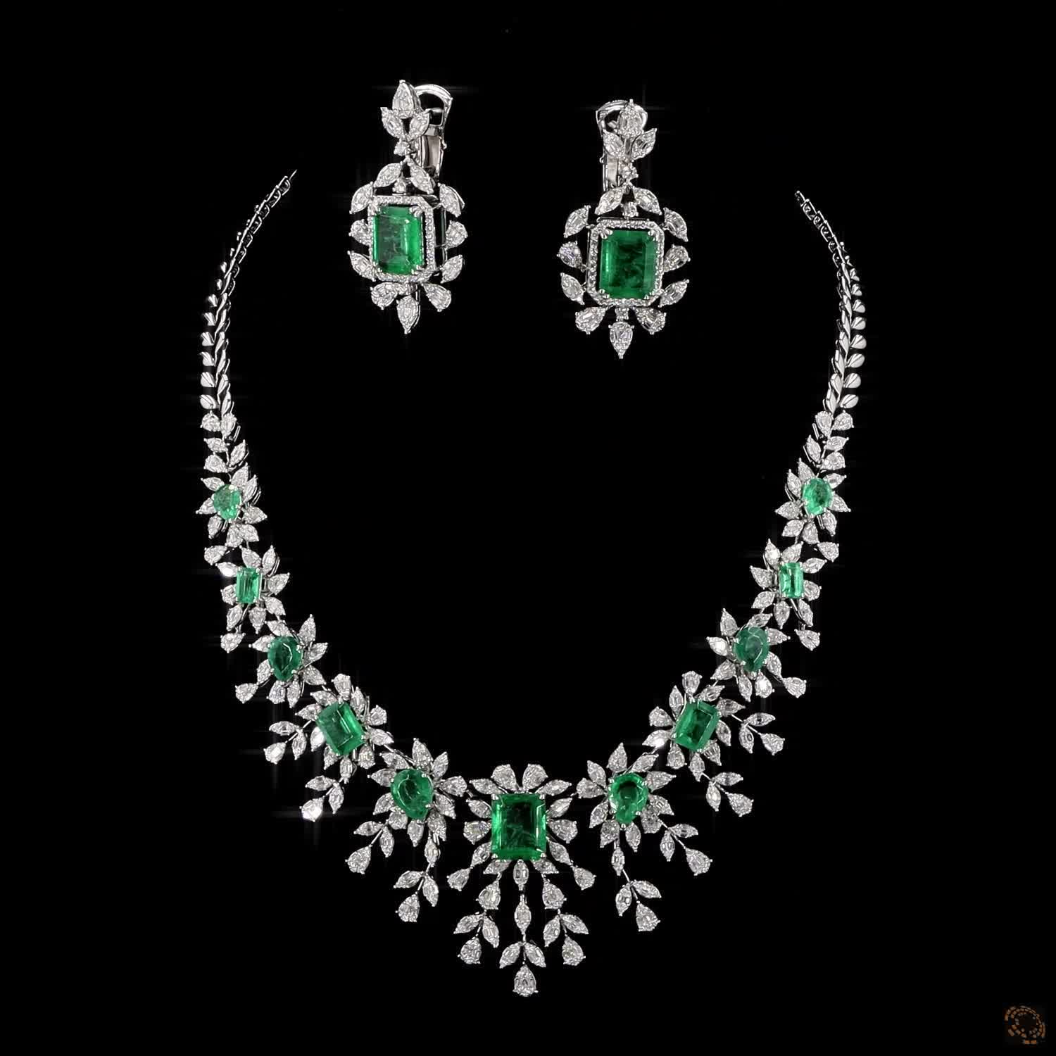 Emerald & Emerald Diamond Necklace Set in 18KT Yellow Gold
