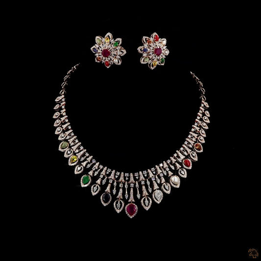 Navratna Stone & Navratna Stone Diamond Necklace Set in 18KT Rose Gold