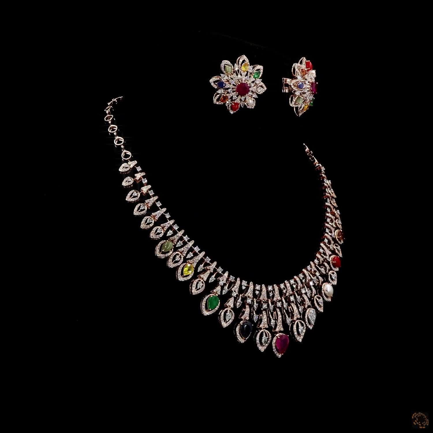 Navratna Stone & Navratna Stone Diamond Necklace Set in 18KT Rose Gold