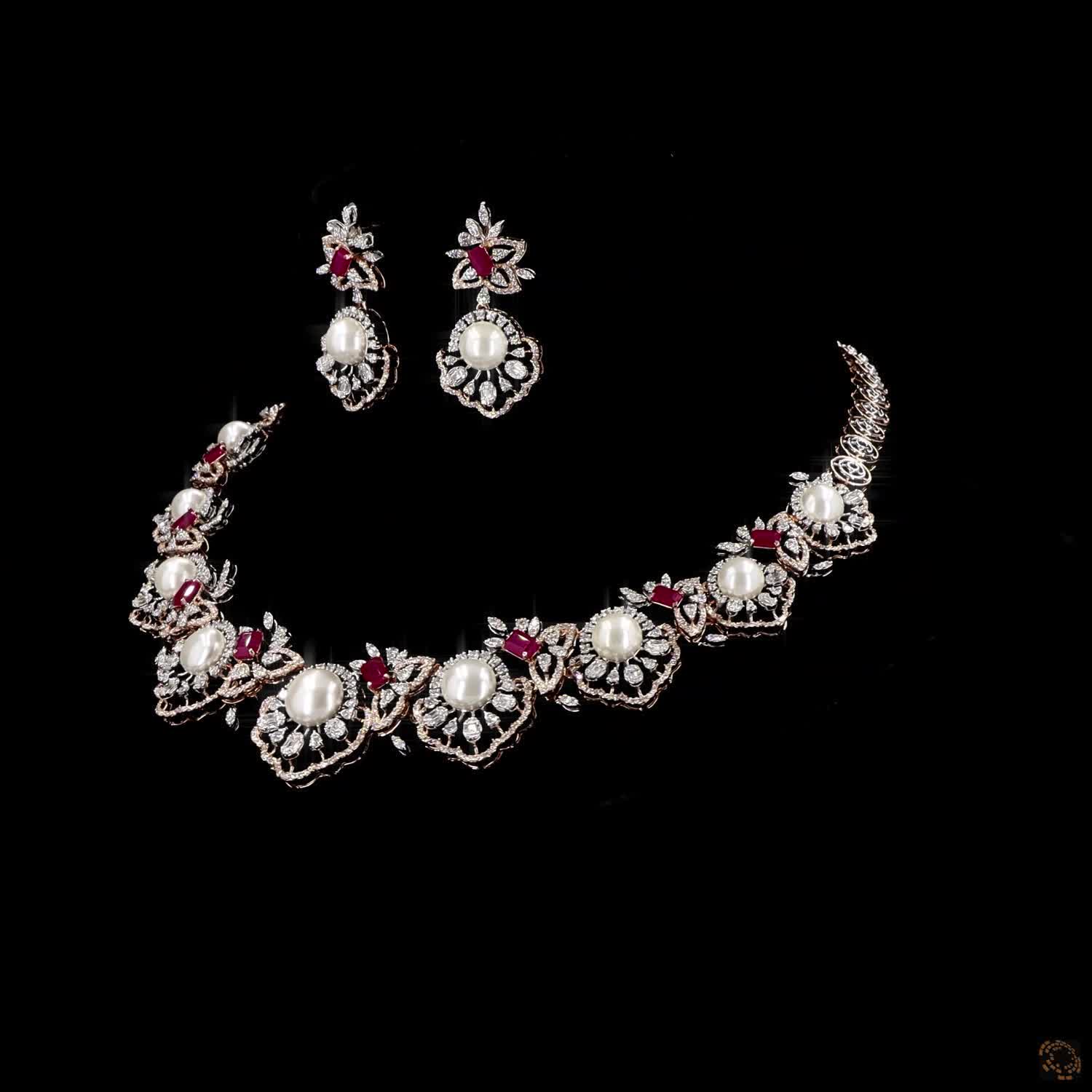 Ruby & Pearl Diamond Necklace Set in 18KT Rose Gold