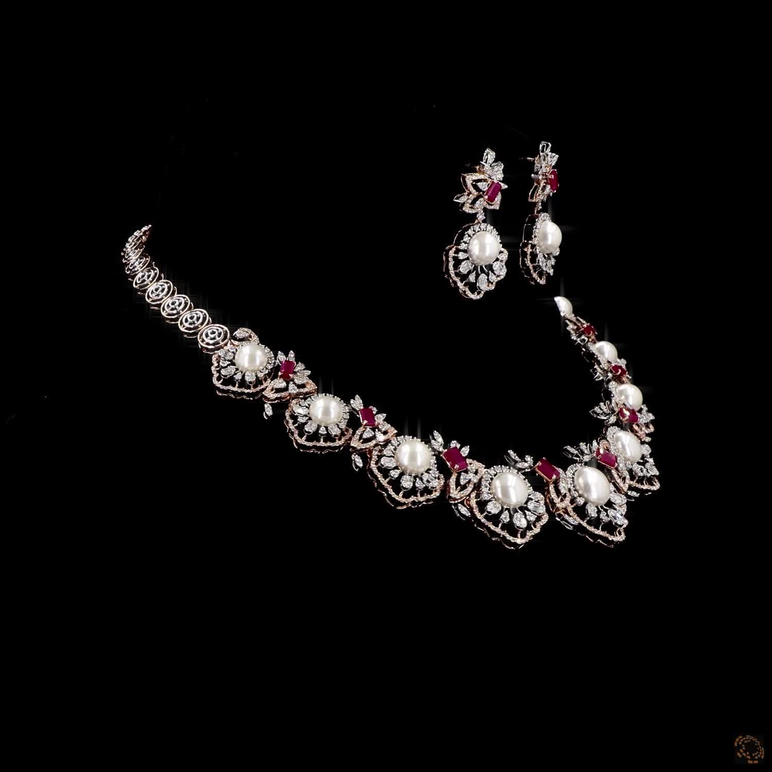 Ruby & Pearl Diamond Necklace Set in 18KT Rose Gold
