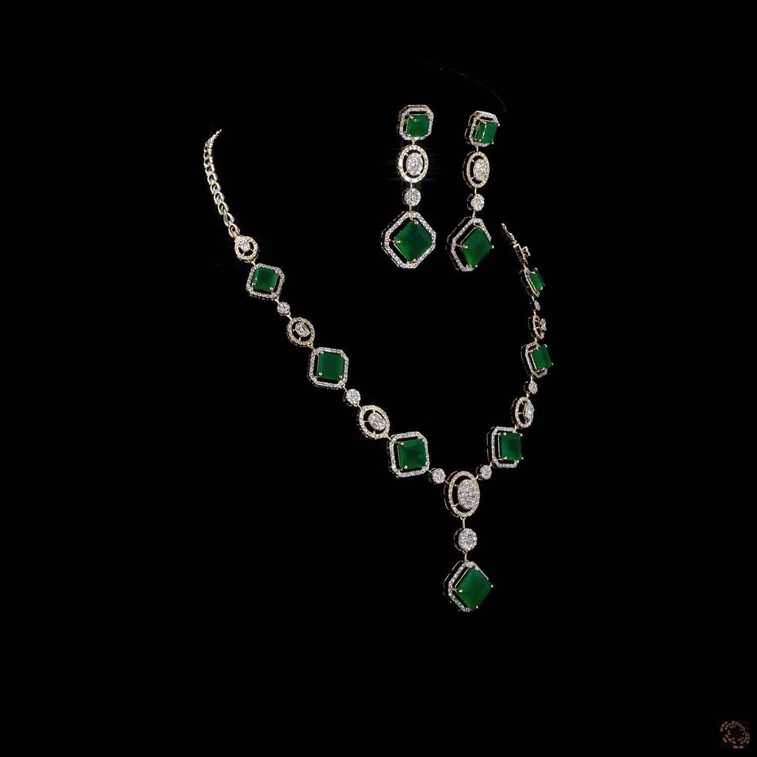 Emerald & Emerald Diamond Necklace Set in 18KT Yellow Gold