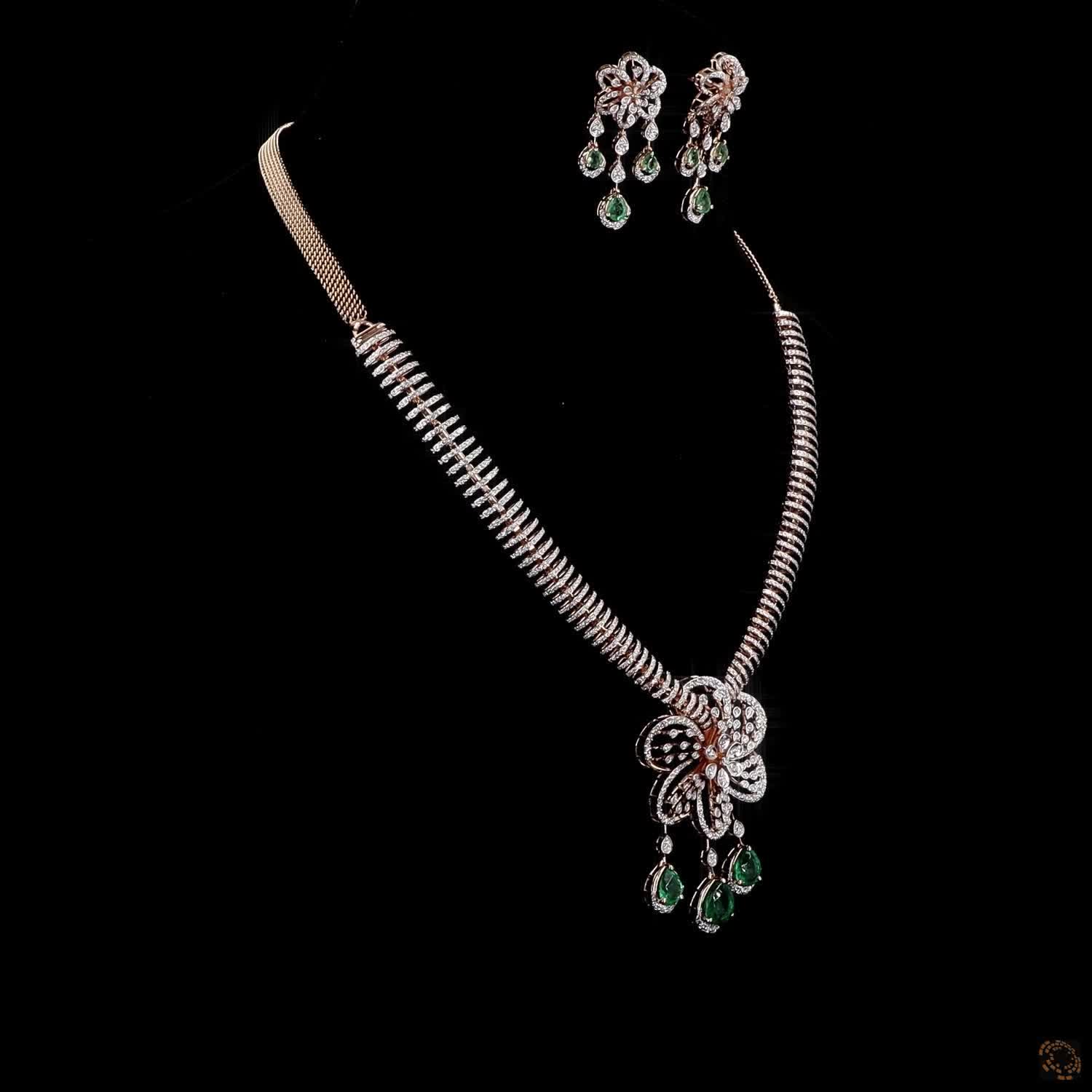 Emerald & Emerald Diamond Necklace Set in 18KT Yellow Gold