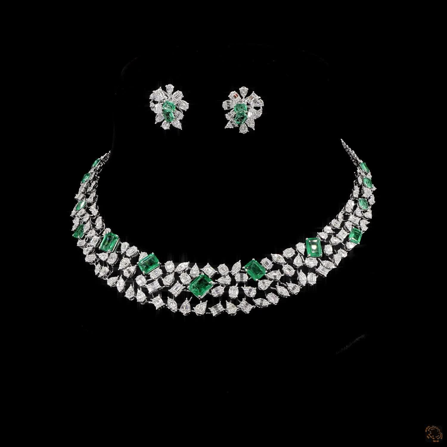 Emerald & Emerald Diamond Necklace Set in 18KT White Gold
