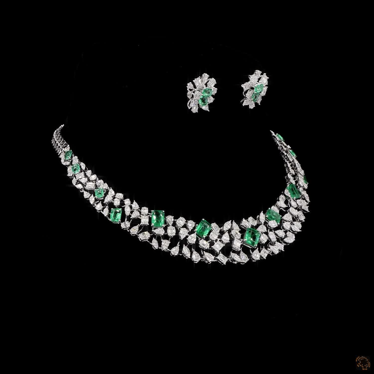 Emerald & Emerald Diamond Necklace Set in 18KT White Gold