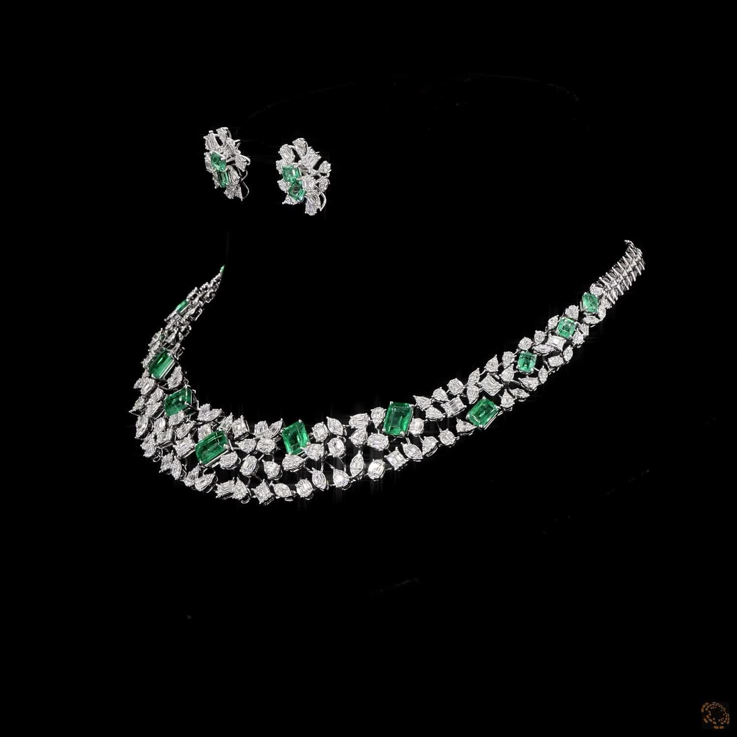 Emerald & Emerald Diamond Necklace Set in 18KT White Gold