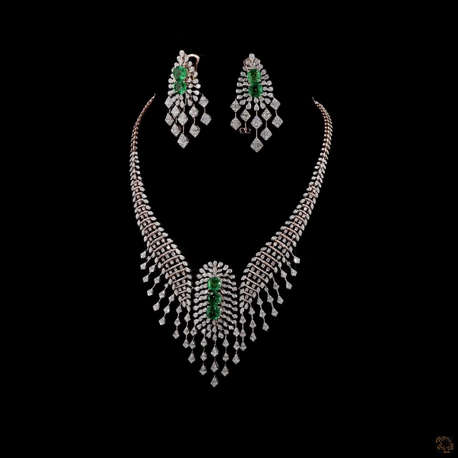 Emerald & Emerald Diamond Necklace Set in 18KT Rose Gold