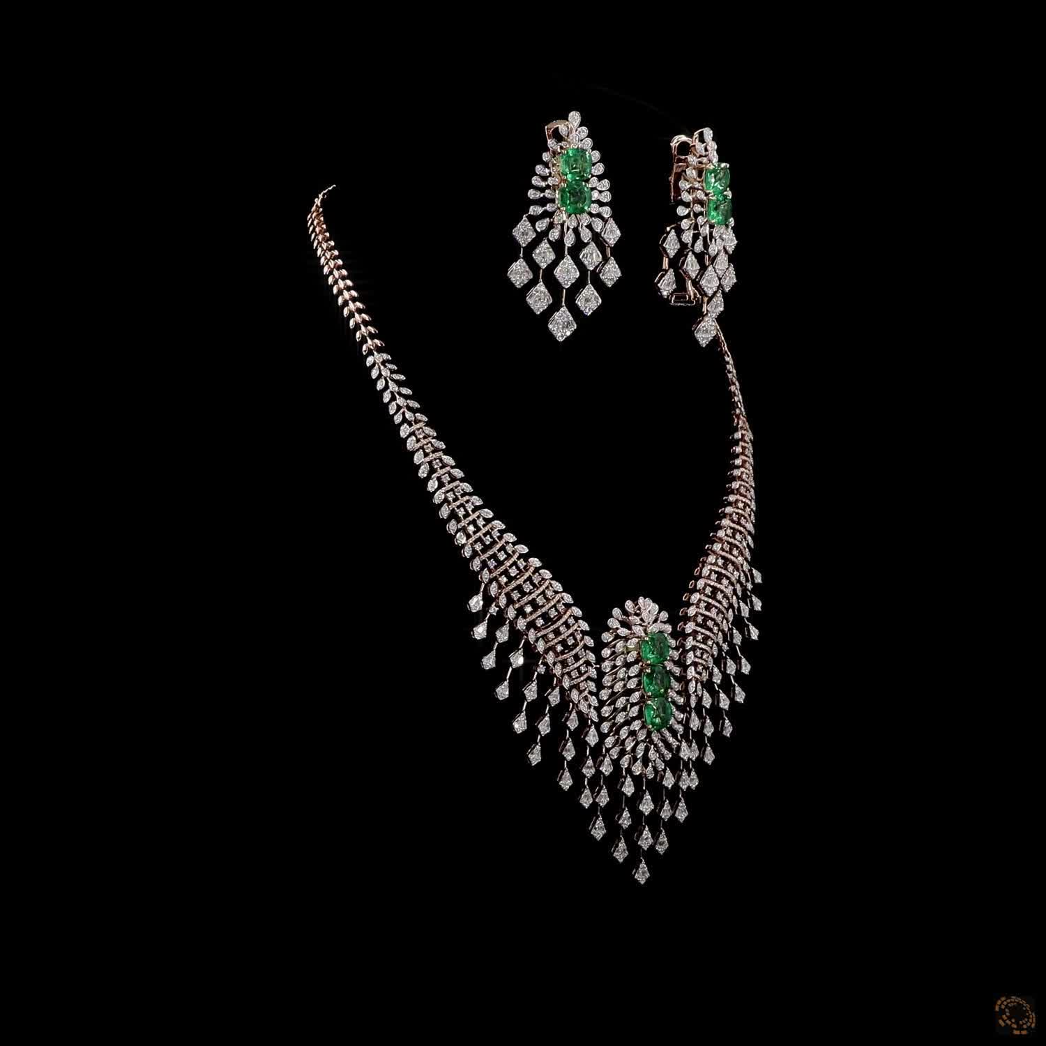 Emerald & Emerald Diamond Necklace Set in 18KT Rose Gold